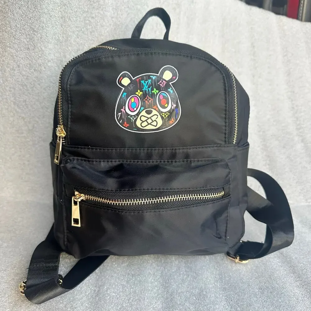 NWT Graffiti Bear Mini Backpack Black Nylon Gold Hardware Kawaii Streetwear